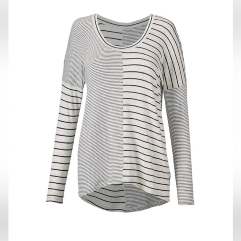 CABI PIVOT TEE;  Heather grey and navy stripes Style 3806 Size Medium